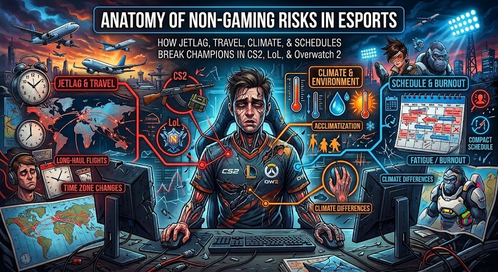 Anatomie der Außerspiel-Risiken im E-Sport: Wie Jetlag, Flüge, Klima und Spielplan Favoriten in CS2, LoL und Overwatch 2 brechen