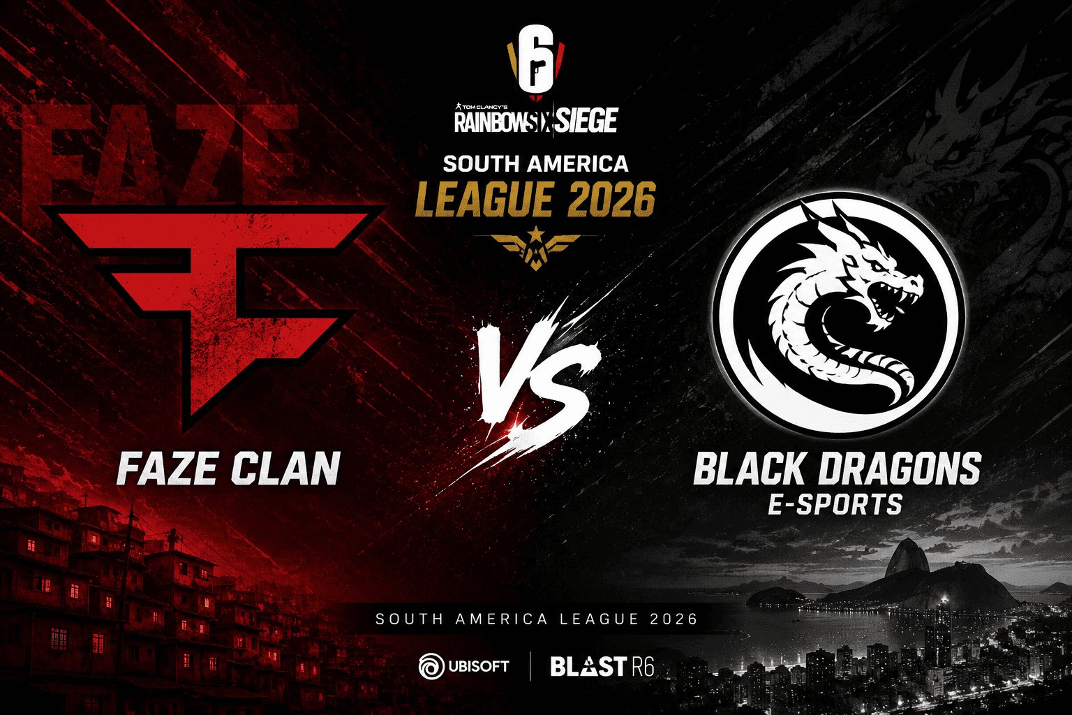 Palpite de jogo FaZe Clan vs Black Dragons e-Sports pela South America League 2026 no Rainbow Six Siege